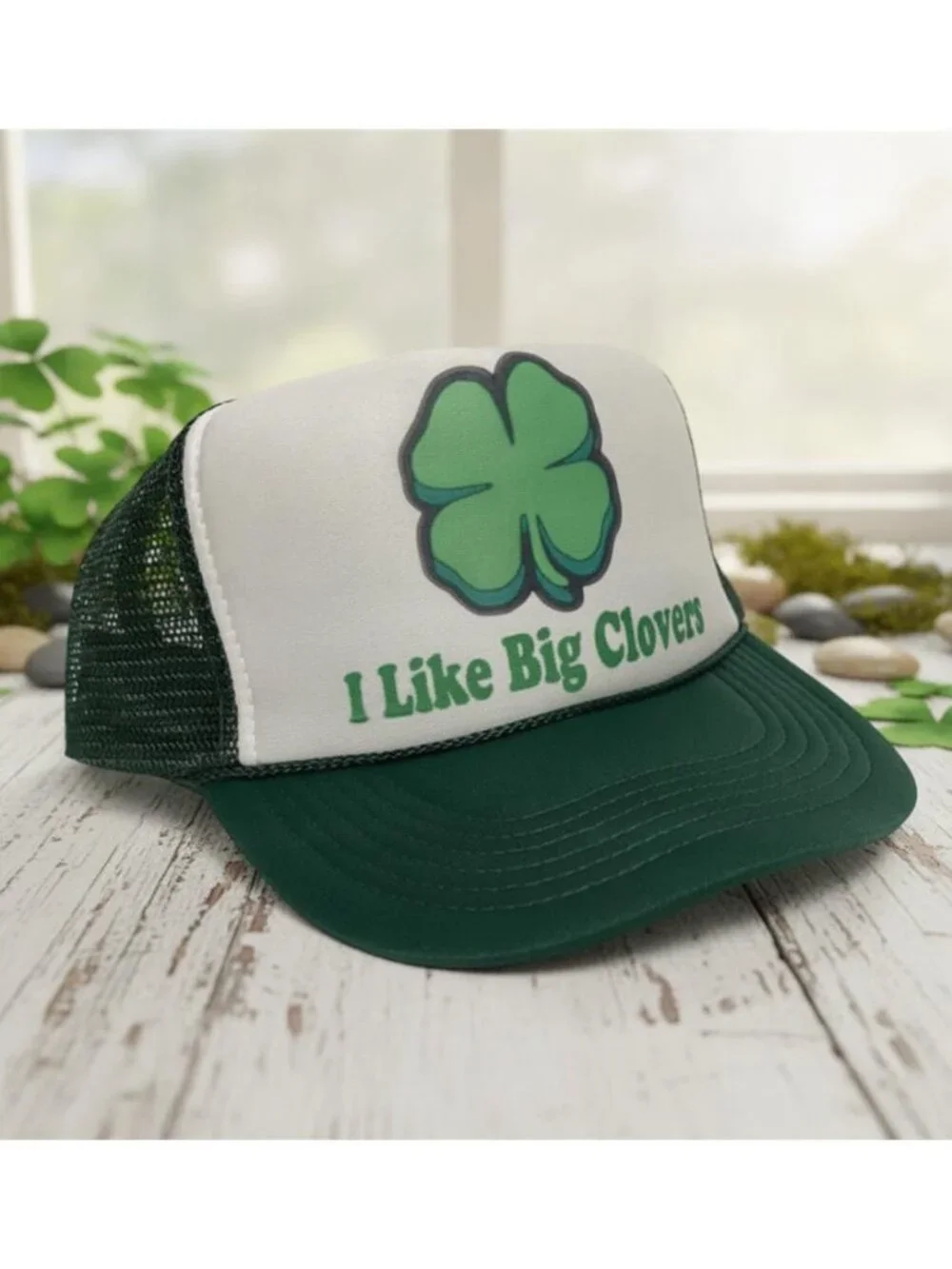 Retro I Like Big Clovers Foam Trucker Hat Green White Rope Parody Snapback New